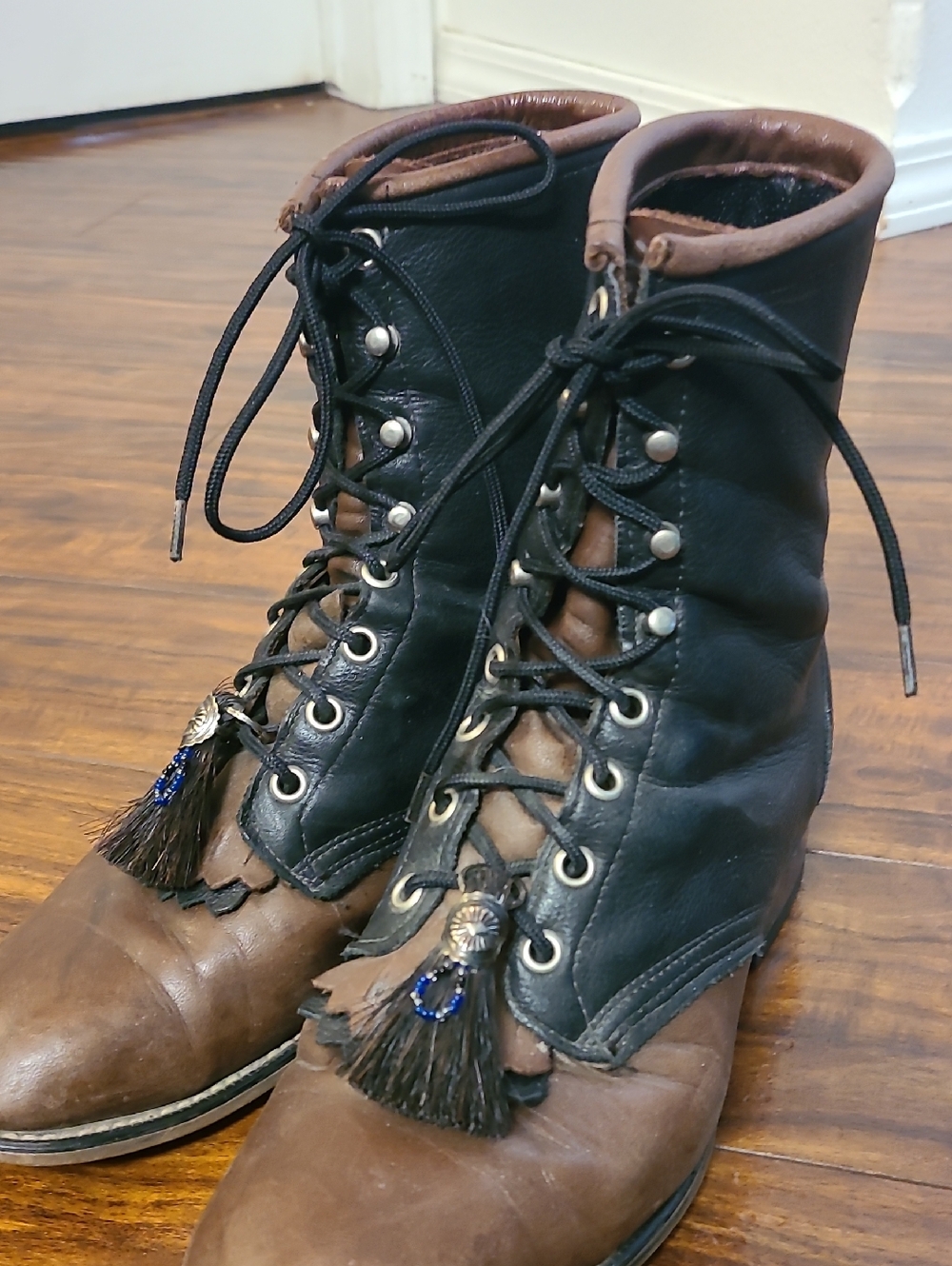 Laredo Black and Brown Two-Tone Lace-Up Tassel Boots